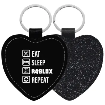 Eat, Sleep, Roblox, Repeat, Μπρελόκ PU δερμάτινο glitter καρδιά ΜΑΥΡΟ