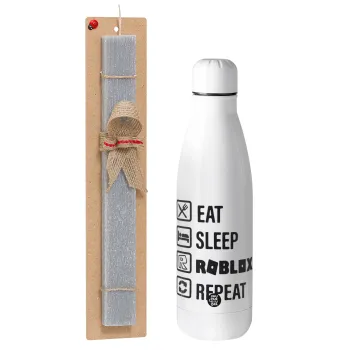 Eat, Sleep, Roblox, Repeat, Easter Set, metallic stainless thermos bottle (500ml) & scented flat Easter candle (30cm) (GRAY)
