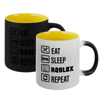 Eat, Sleep, Roblox, Repeat, Κούπα Μαγική εσωτερικό κίτρινη, κεραμική 330ml που αλλάζει χρώμα με το ζεστό ρόφημα