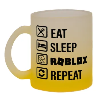 Eat, Sleep, Roblox, Repeat, Κούπα γυάλινη δίχρωμη με βάση το κίτρινο ματ, 330ml