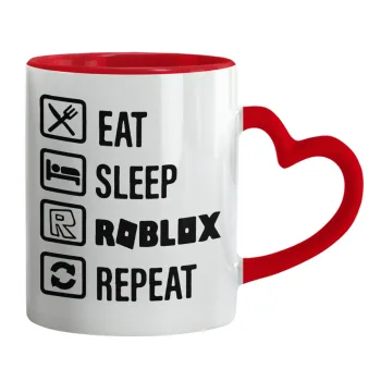 Eat, Sleep, Roblox, Repeat, Κούπα καρδιά χερούλι κόκκινη, κεραμική, 330ml