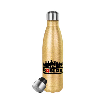 Roblox team, Μεταλλικό παγούρι θερμός Glitter χρυσό (Stainless steel), διπλού τοιχώματος, 500ml