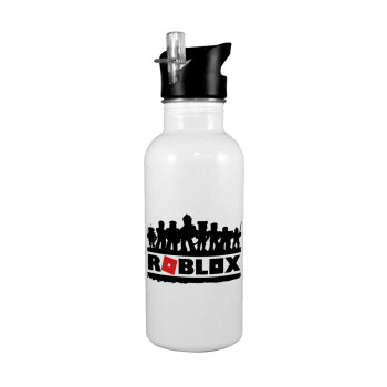 Roblox team, White water bottle with straw, stainless steel 600ml