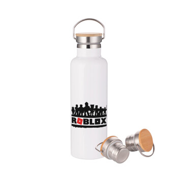 Roblox team, Stainless steel White with wooden lid (bamboo), double wall, 750ml