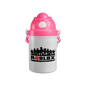 Roblox team, Ροζ παιδικό παγούρι πλαστικό (BPA-FREE) με καπάκι ασφαλείας, κορδόνι και καλαμάκι, 400ml