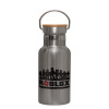Stainless steel metallic thermos flask, silver with a bamboo lid, double-walled, 350ml.