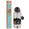 Easter Set, metallic silver aluminum water bottle (500ml) & scented flat Easter candle (30cm) (TURQUOISE)