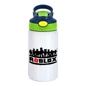 Roblox team, Children's hot water bottle, stainless steel, with safety straw, green, blue (350ml)