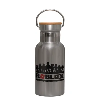 Roblox team, Μεταλλικό παγούρι θερμός (Stainless steel) Ασημένιο με ξύλινο καπακι (bamboo), διπλού τοιχώματος, 350ml