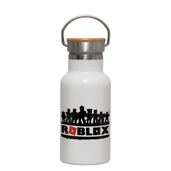 Roblox team, Metallic thermos (Stainless steel) White with wooden lid (bamboo), double-walled, 350ml