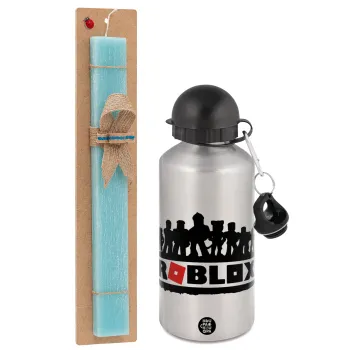 Roblox team, Easter Set, metallic silver aluminum water bottle (500ml) & scented flat Easter candle (30cm) (TURQUOISE)
