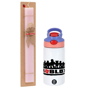Roblox team, Easter Set, Children's thermal stainless steel water bottle with safety straw, pink/purple (350ml) & Easter scented flat candle (30cm) (PINK)
