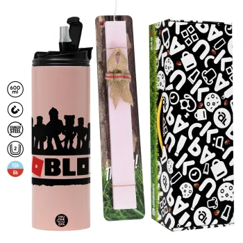 Roblox team, Easter candle,Travel Tumbler 2 Lids, with metal straw & cleaning brush & aromatic flat candle (30cm) (PINK)