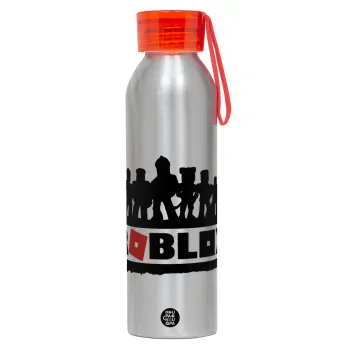 Roblox team, Aluminum Sports Bottle 650ml – Silver with Red Cap and Silicone Strap
