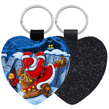 Santa Night, Μπρελόκ PU δερμάτινο glitter καρδιά ΜΑΥΡΟ