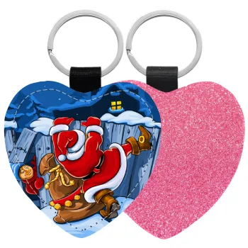 Santa Night, Μπρελόκ PU δερμάτινο glitter καρδιά ΡΟΖ