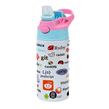 Tech logos, Children's hot water bottle, stainless steel, with safety straw, Pink/BlueCiel (360ml) BPA FREE
