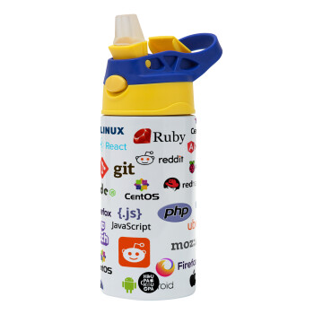 Tech logos, Children's hot water bottle, stainless steel, with safety straw, green, blue (360ml) BPA FREE