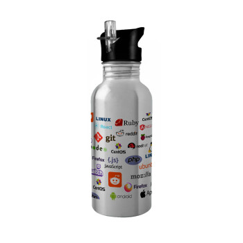 Tech logos, Παγούρι νερού Ασημένιο με καλαμάκι, ανοξείδωτο ατσάλι 600ml