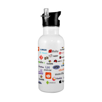 Tech logos, Παγούρι νερού Λευκό με καλαμάκι, ανοξείδωτο ατσάλι 600ml