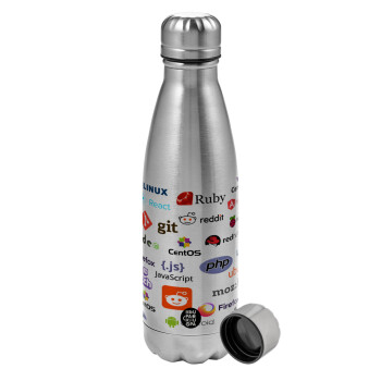 Tech logos, Metallic water bottle, stainless steel, 750ml