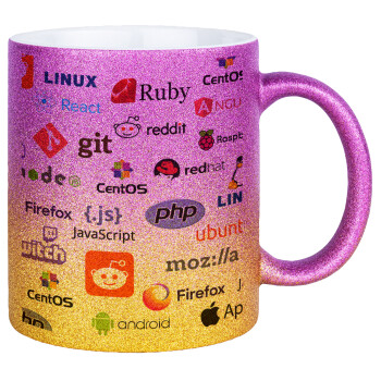 Tech logos, Κούπα Χρυσή/Ροζ Glitter, κεραμική, 330ml