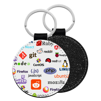 Tech logos, Μπρελόκ Δερματίνη, στρογγυλό ΜΑΥΡΟ (5cm)