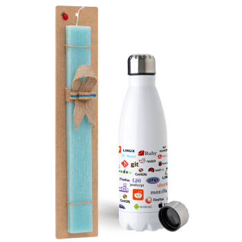 Tech logos, Easter Set, metallic stainless steel water bottle (750ml) & aromatic flat Easter candle (30cm) (TURQUOISE)