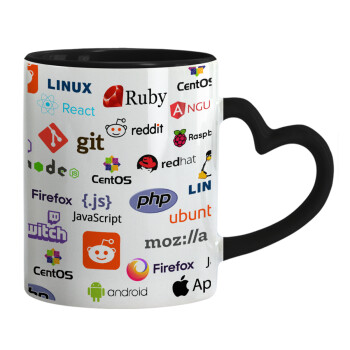 Tech logos, Mug heart black handle, ceramic, 330ml