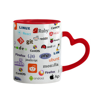 Tech logos, Κούπα καρδιά χερούλι κόκκινη, κεραμική, 330ml