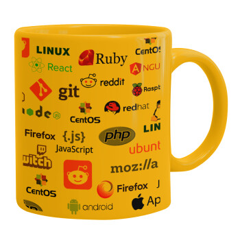 Tech logos, Ceramic coffee mug yellow, 330ml (1pcs)