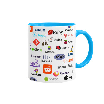 Tech logos, Mug colored light blue, ceramic, 330ml