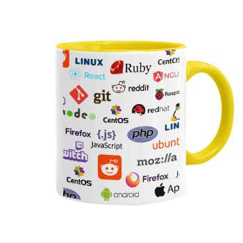 Tech logos, Mug colored yellow, ceramic, 330ml