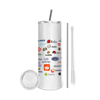 Tech logos, Eco friendly stainless steel tumbler 600ml, with metal straw & cleaning brush