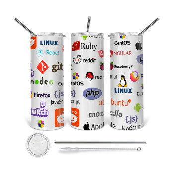 Tech logos, Tumbler stainless steel 600ml, with metal straw & cleaning brush