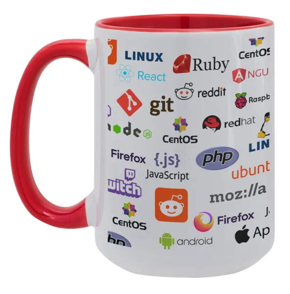Tech logos — Mega mug 15oz, red ceramic, 450ml