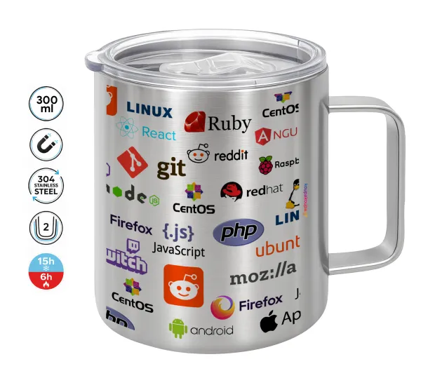 Tech logos — Double-walled stainless steel mug 300ml with temperature-retaining lid