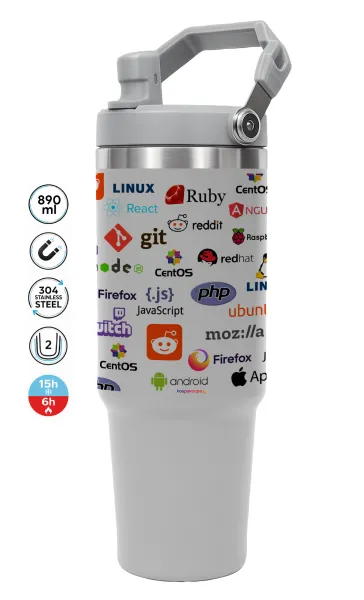 Tech logos — ΓΚΡΙ Travel Tumbler Θερμός με χερούλι και καλαμάκι 890ml