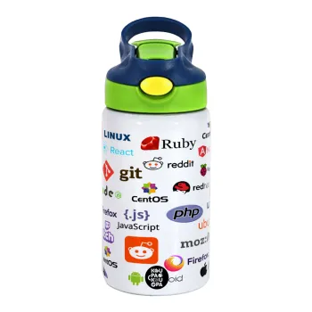 Tech logos, Παιδικό παγούρι θερμό, ανοξείδωτο, με καλαμάκι ασφαλείας, πράσινο/μπλε (350ml)
