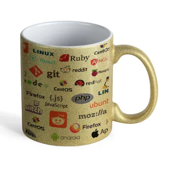 Tech logos, Κούπα Χρυσή Glitter που γυαλίζει, κεραμική, 330ml