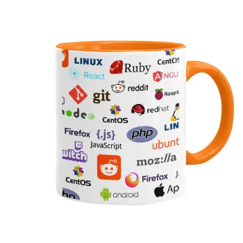 Tech logos, Κούπα χρωματιστή πορτοκαλί, κεραμική, 330ml