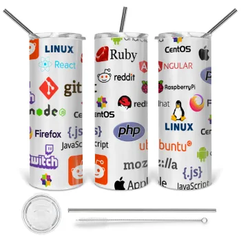 Tech logos, Tumbler stainless steel 600ml, with metal straw & cleaning brush