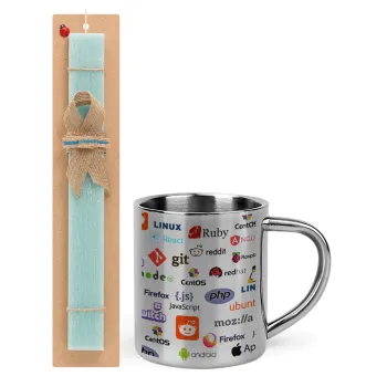 Tech logos, Easter Set, metallic thermal cup (300ml) & aromatic flat Easter candle (30cm) (TURQUOISE)