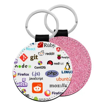 Tech logos, Μπρελόκ Δερματίνη, στρογγυλό ΡΟΖ (5cm)