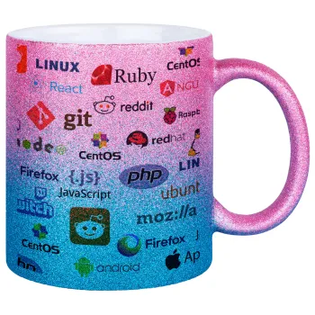 Tech logos, Κούπα Χρυσή/Μπλε Glitter, κεραμική, 330ml