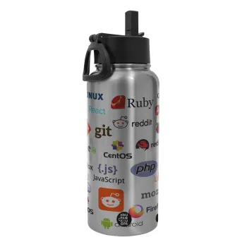 Tech logos, Μεταλλικό παγούρι θερμός Silver με καλαμάκι και χερούλι (Stainless steel), διπλού τοιχώματος, 950ml