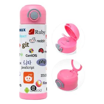 Tech logos, Παιδικό παγούρι θερμό, ανοξείδωτο, με καλαμάκι ασφαλείας, ΡΟΖ (500ml)