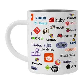 Tech logos, Λευκή Ανοξείδωτη Μεταλλική Κούπα 450ml - Διπλού Τοιχώματος 