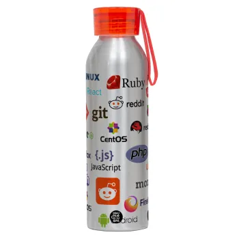 Tech logos, Αλουμινένιο Αθλητικό Μπουκάλι 650ml – Ασημί με Κόκκινο Καπάκι και Λουράκι Σιλικόνης