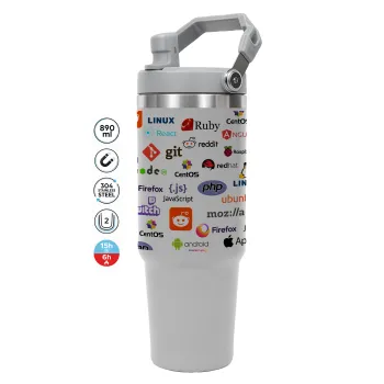 Tech logos, GREY color, 890ml (30oz) stainless Steel Tumbler with Handle